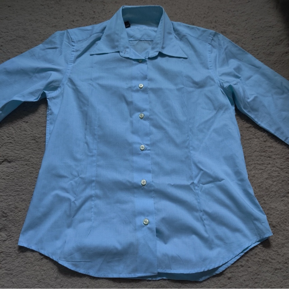 Mark Shale Light Blue White Check Women's Button-Down Shirt Gingham Plaid Size 6